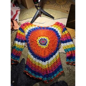 Handmade Crochet Rainbow Sunburst Mandala Mini Dress Tunic Festival Boho Multi